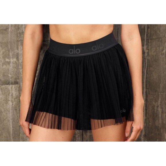 Alo Mesh Flirty Tennis Skirt Black Sheer Transparent See-Through A-Line Skort - Picture 4 of 14
